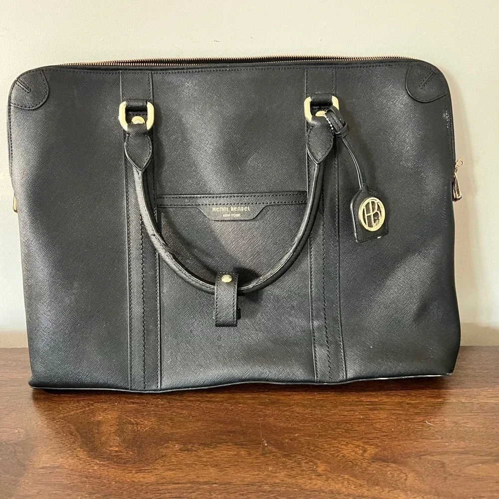Henri Bendel Black Saffiano Leather Laptop Bag Gold Hardware Work Tote Bag